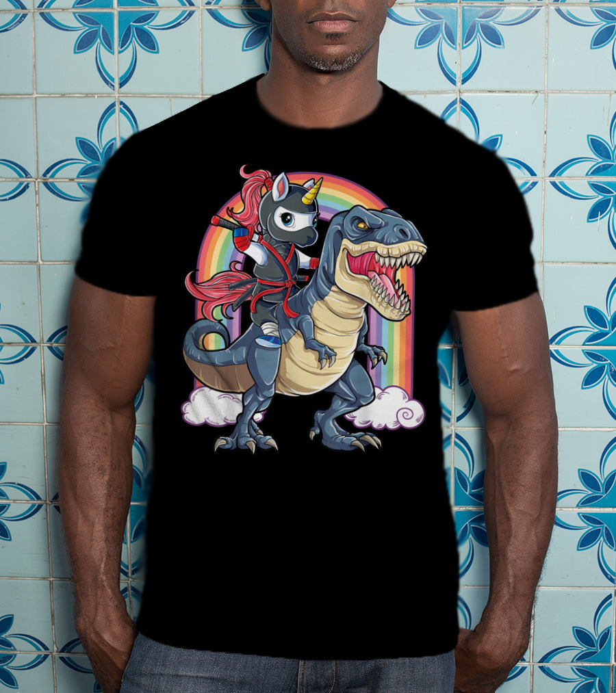 Ninja Unicorn Riding Dinosaur Rex Under Rainbow Clouds T-Shirt