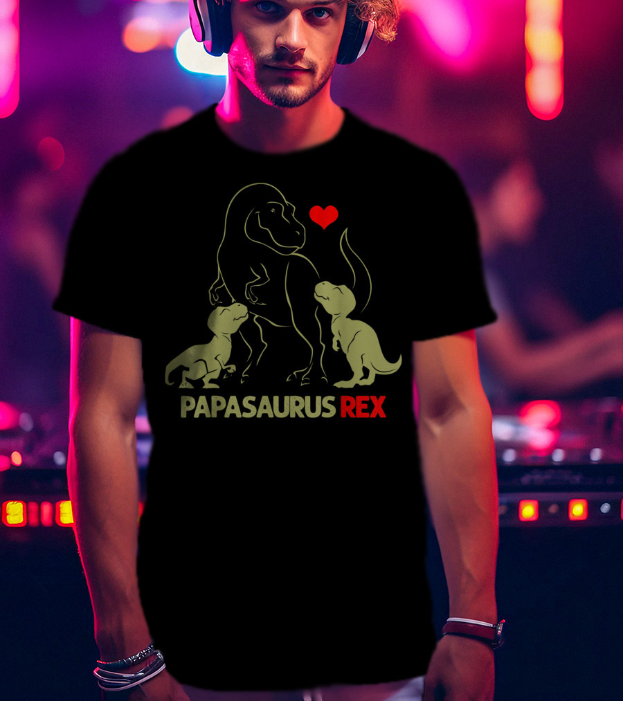 Papasaurus Rex With Heart And Two Baby Dinosaurs T-Shirt