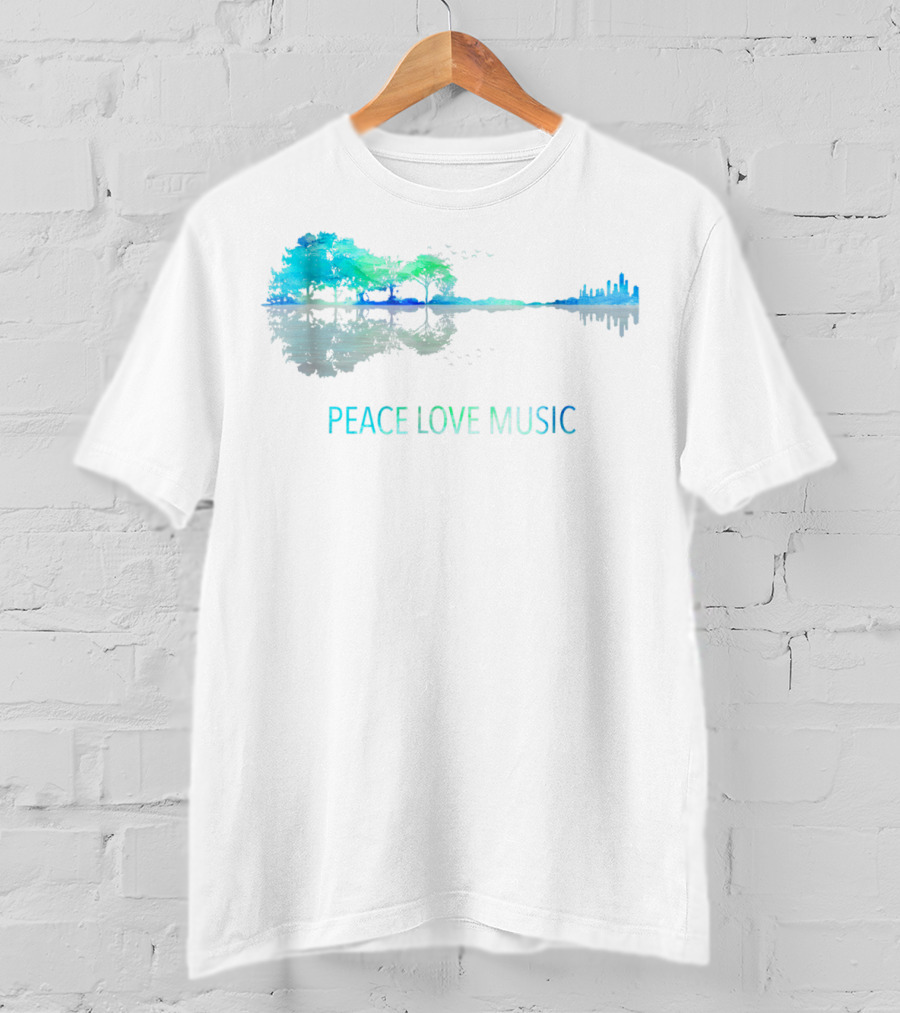 Peace Love Music Guitar Lake Shadow Tree Reflection T-Shirt