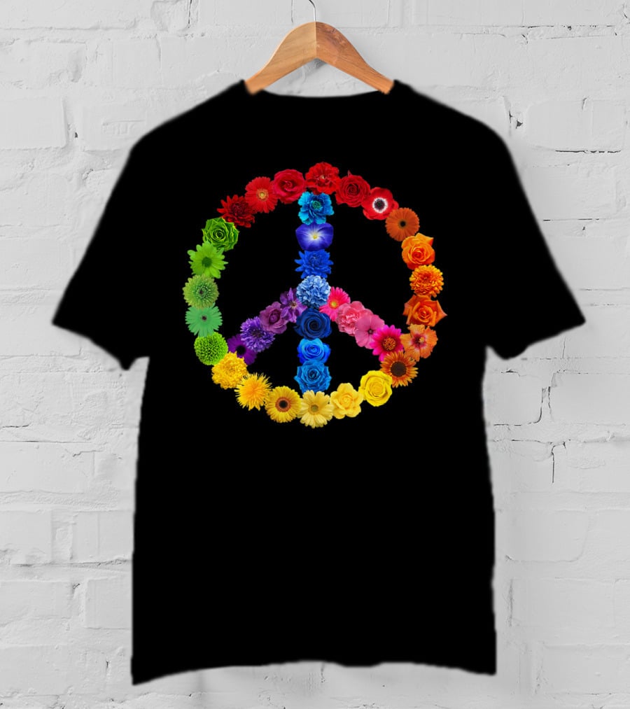 Rainbow Peace Sign Floral Love 70s 60s Retro Vibe T-Shirt
