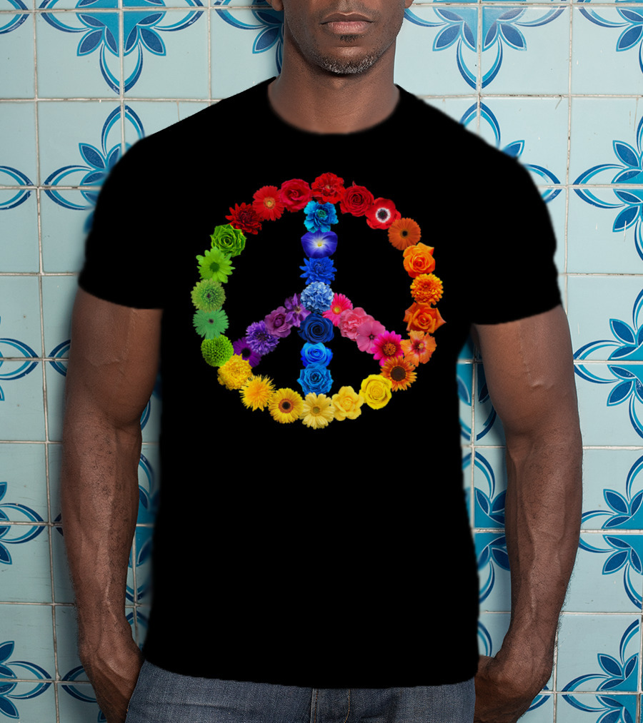Rainbow Peace Sign Floral Love 70s 60s Retro Vibe T-Shirt