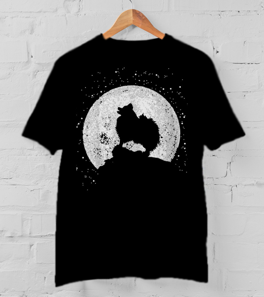 Pomeranian Howling Silhouette Against Full Moon Night Scene T-Shirt
