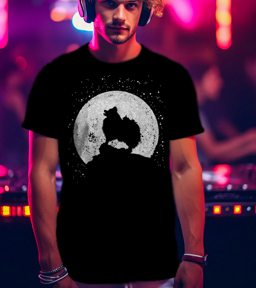 Pomeranian Howling Silhouette Against Full Moon Night Scene T-Shirt