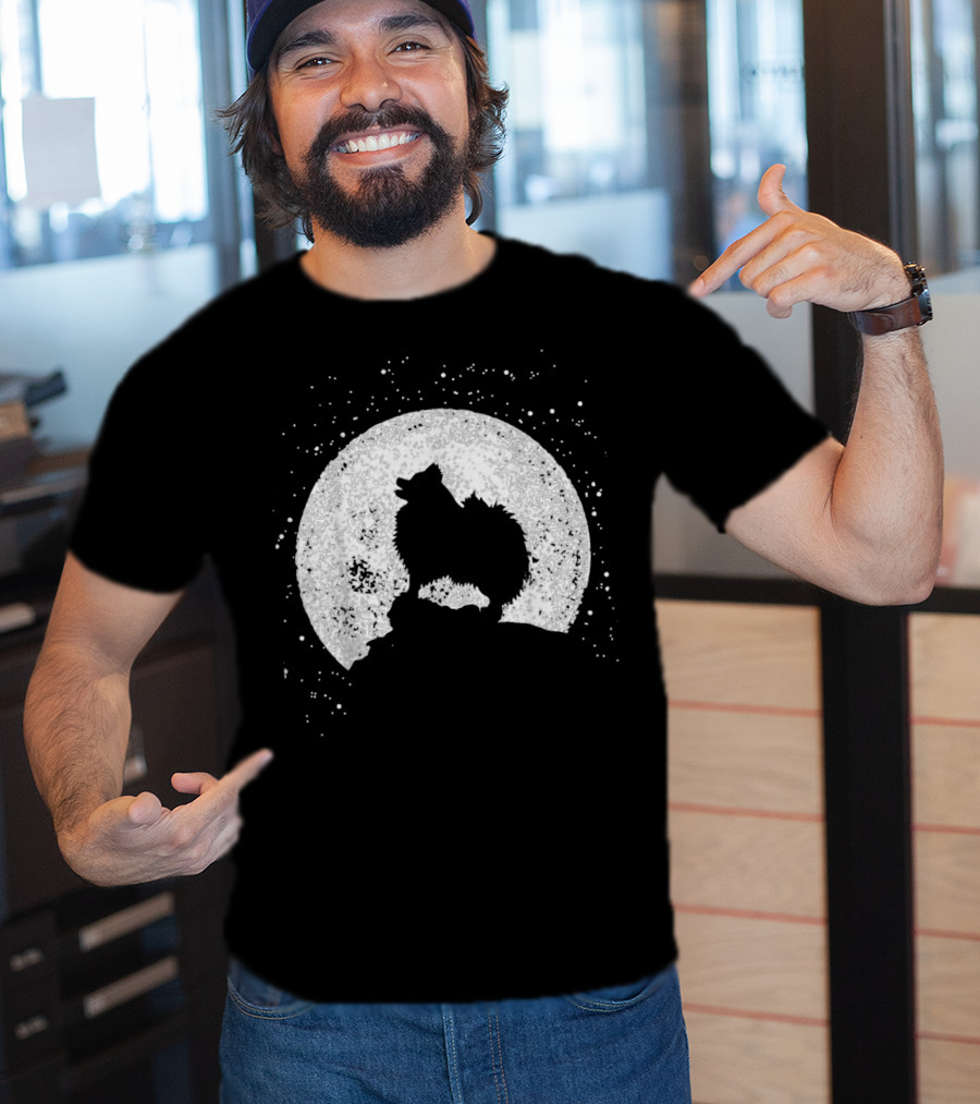 Pomeranian Howling Silhouette Against Full Moon Night Scene T-Shirt