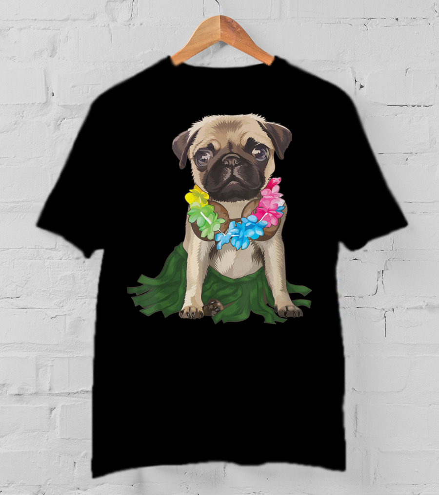 Pug Wearing Hawaiian Hula Skirt And Flower Lei Aloha Dance Animal T-Shirt