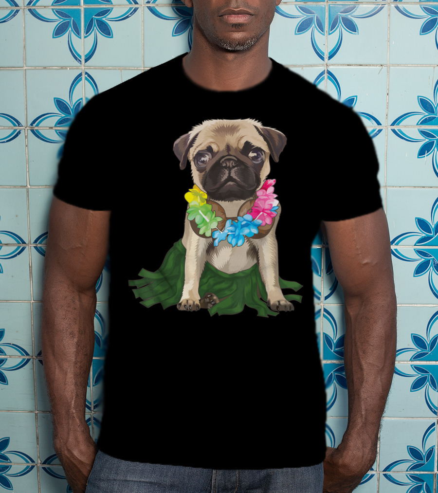 Pug Wearing Hawaiian Hula Skirt And Flower Lei Aloha Dance Animal T-Shirt