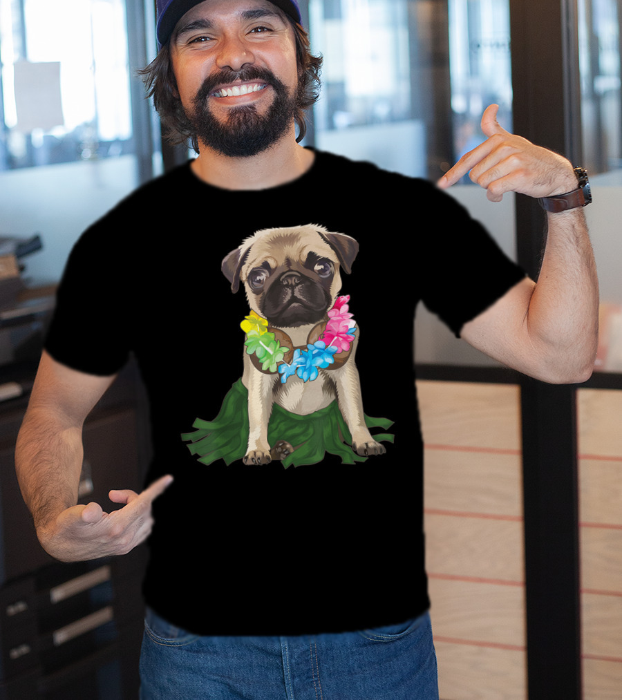 Pug Wearing Hawaiian Hula Skirt And Flower Lei Aloha Dance Animal T-Shirt