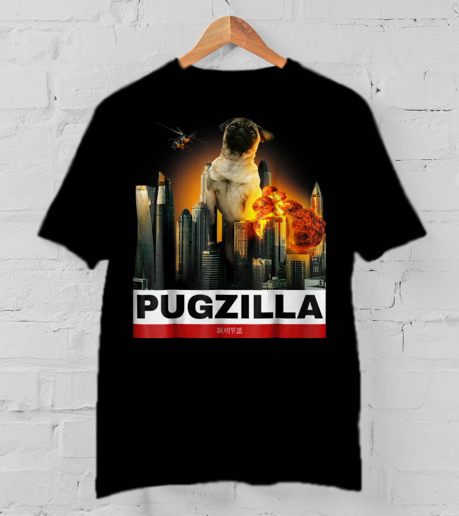 Pugzilla Helicopter Explosion City Skyline Cute Pug T-Shirt