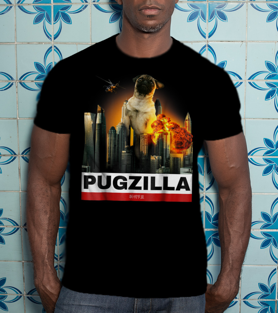 Pugzilla Helicopter Explosion City Skyline Cute Pug T-Shirt