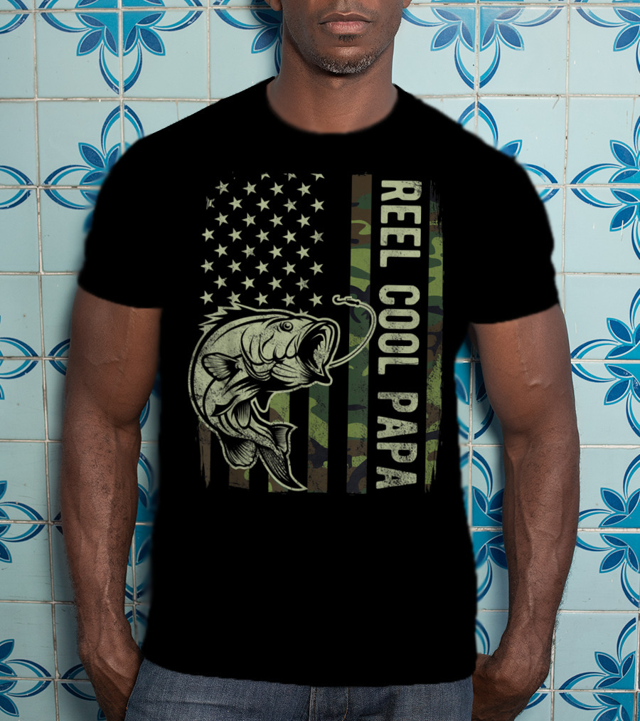 Reel Cool Papa Camouflage American Flag Fathers Fishing T-Shirt