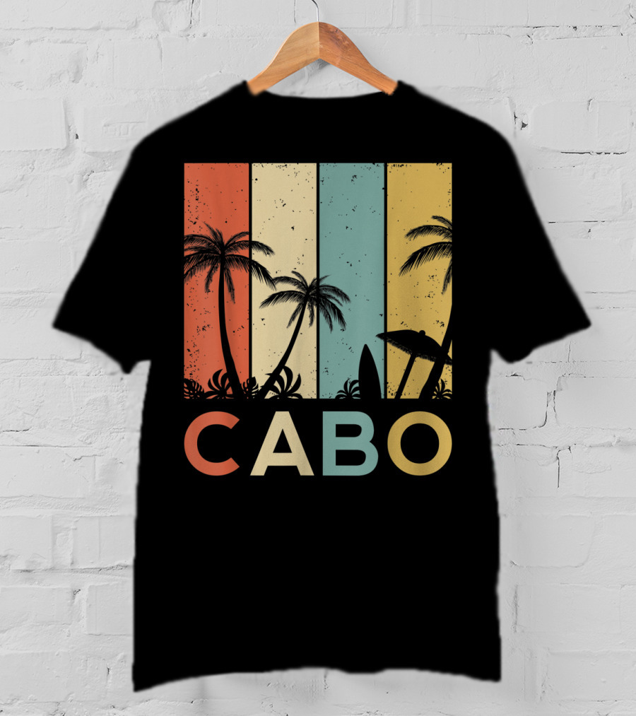 Retro Cabo San Lucas Mexico Tropical Palm Sunset Surfboard T-Shirt