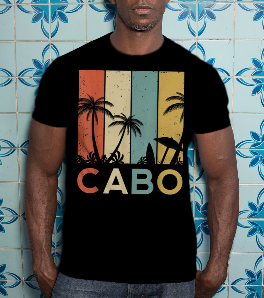 Retro Cabo San Lucas Mexico Tropical Palm Sunset Surfboard T-Shirt