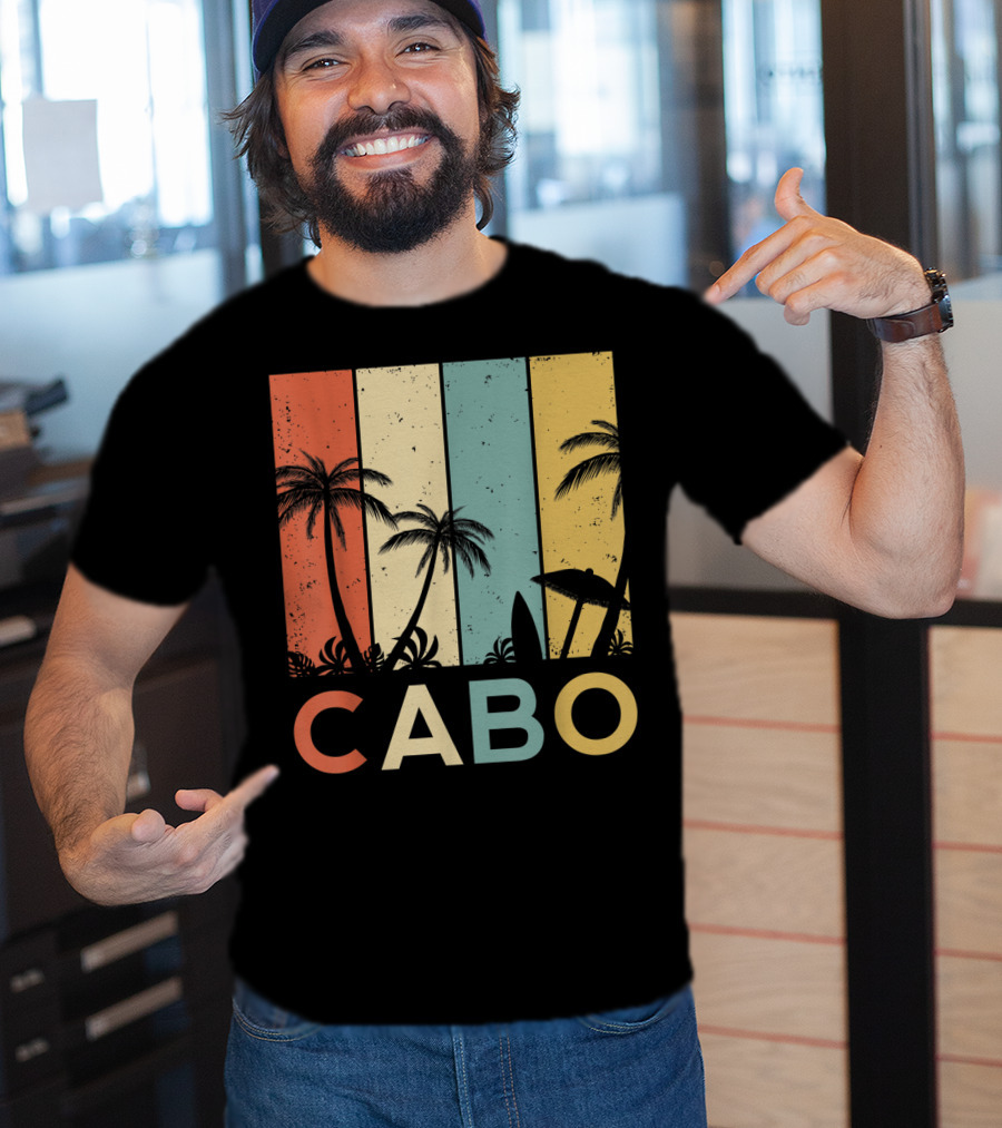Retro Cabo San Lucas Mexico Tropical Palm Sunset Surfboard T-Shirt
