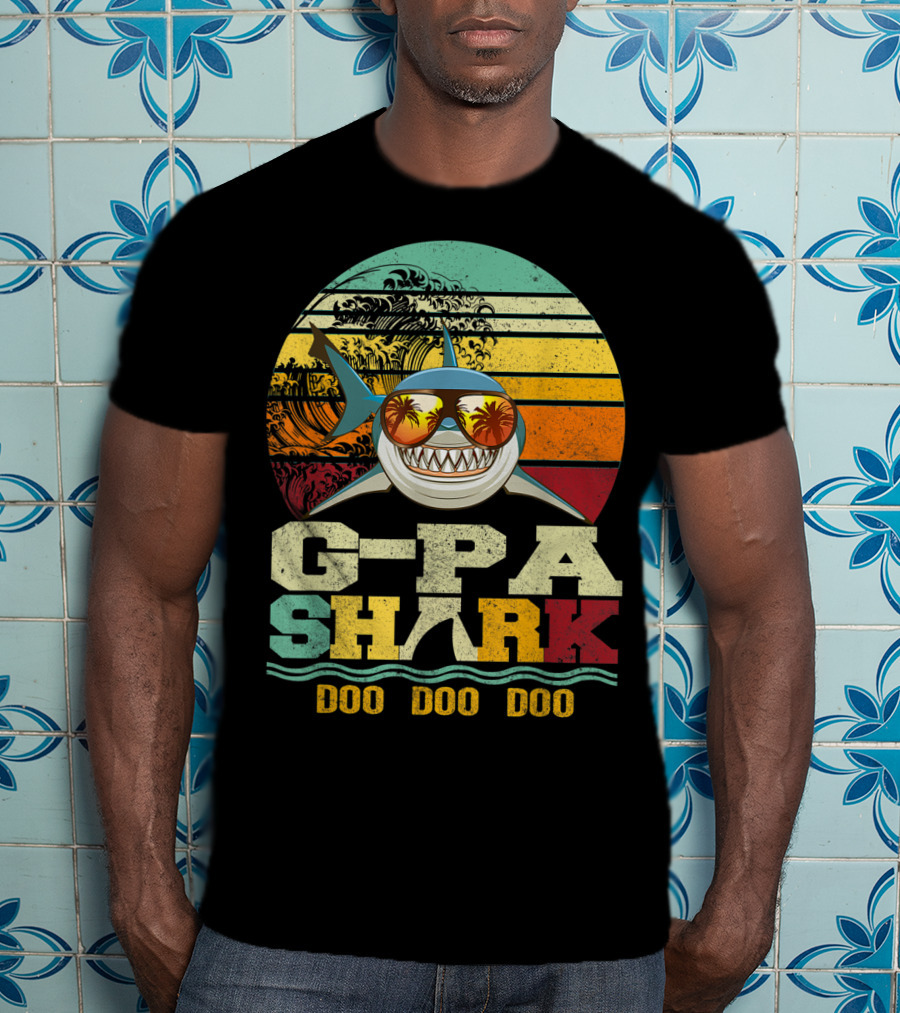 G Pa Shark Doo Doo Doo Retro Vintage Beach Sunset Wave Sunglasses Palm Trees T-Shirt