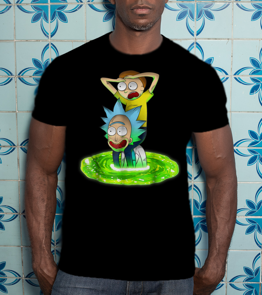 Rick And Morty Emerging From Green Portal Adventure T-Shirt