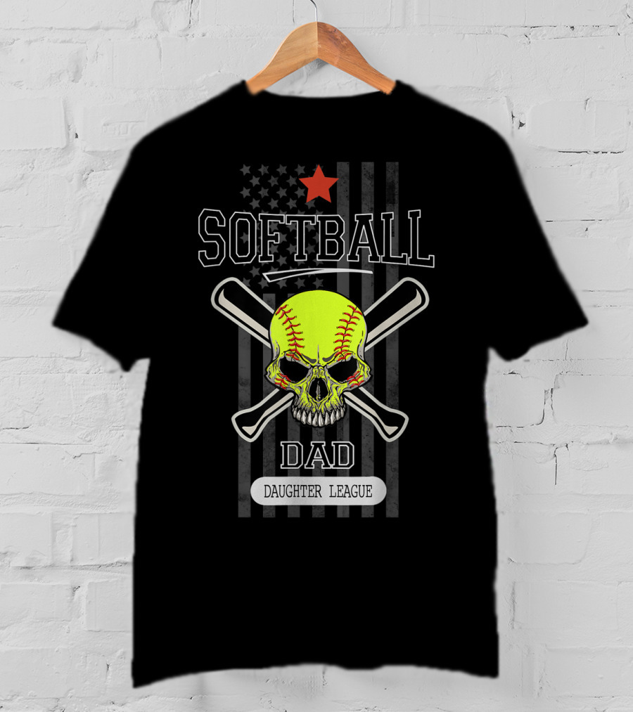 SOFTBALL DAD DAUGHTER LEAGUE Skull Crossed Bats Star Flag T-Shirt