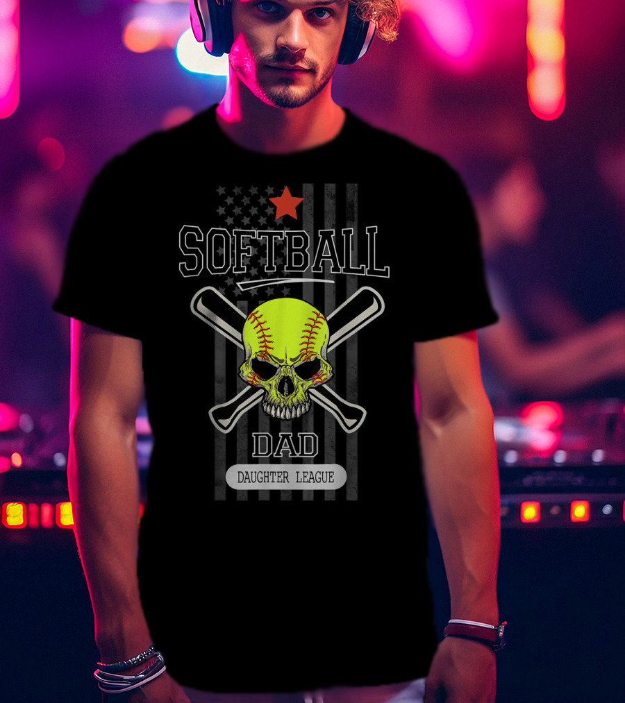 SOFTBALL DAD DAUGHTER LEAGUE Skull Crossed Bats Star Flag T-Shirt