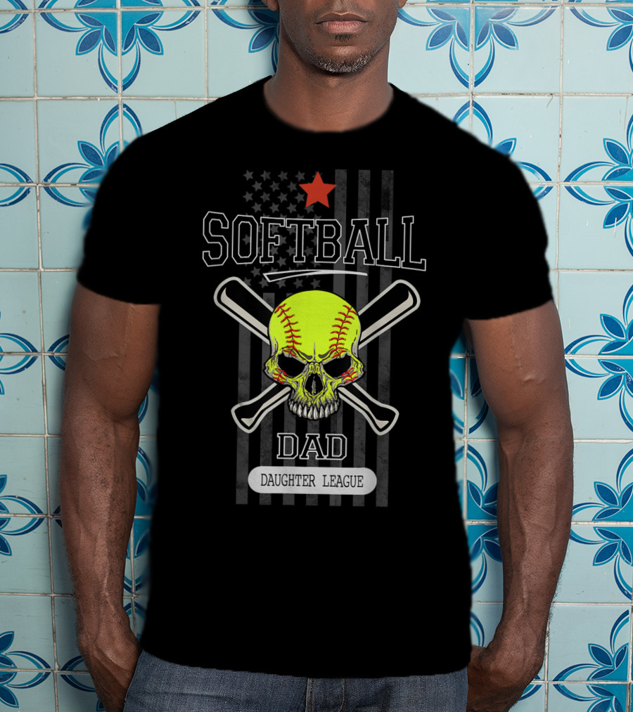 SOFTBALL DAD DAUGHTER LEAGUE Skull Crossed Bats Star Flag T-Shirt