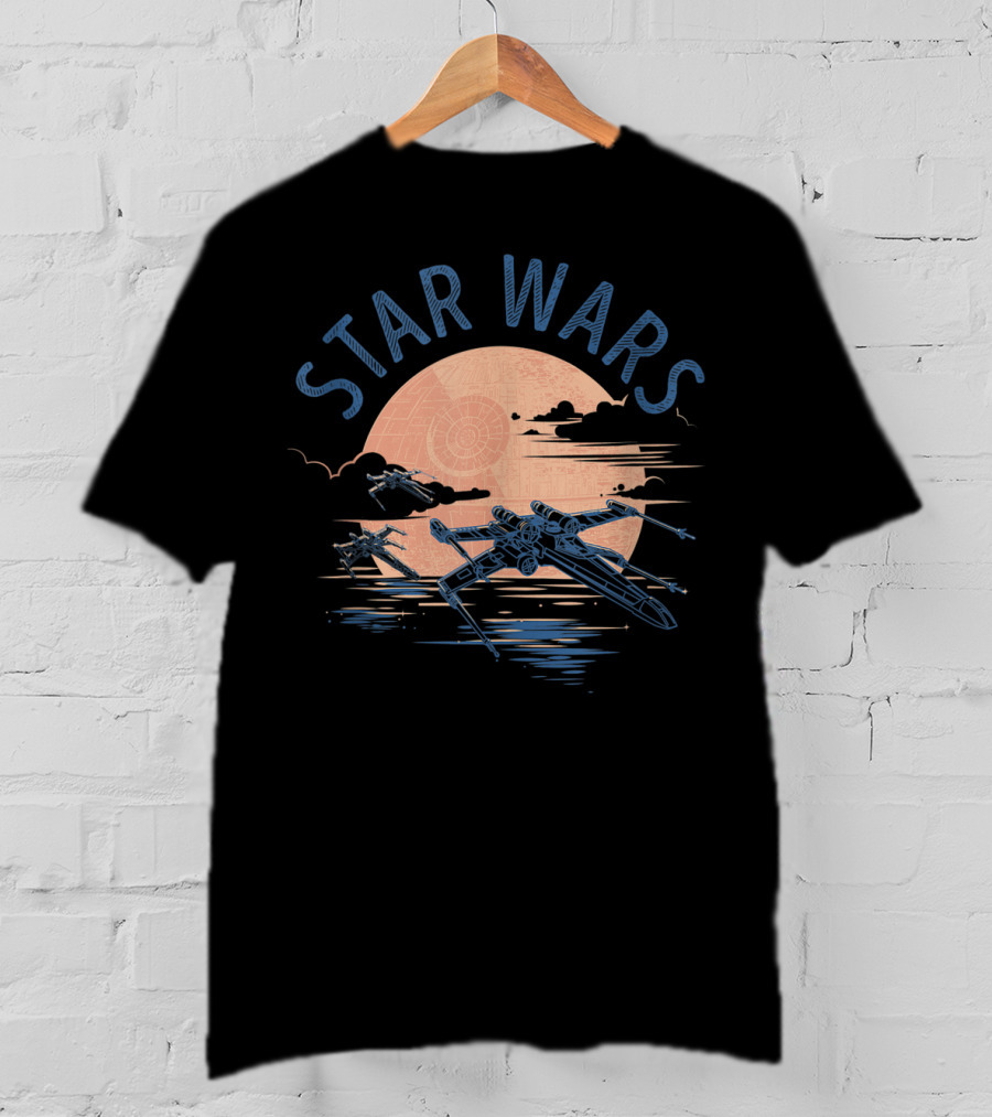 Star Wars X Wing Fighters Flying At Sunset With Death Star In Background T-Shirt