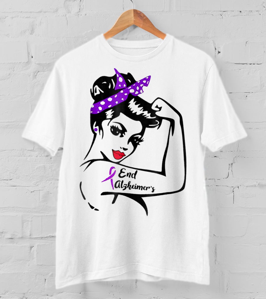 Strong Woman End Alzheimer's Awareness Purple Ribbon Rosie The Riveter T-Shirt