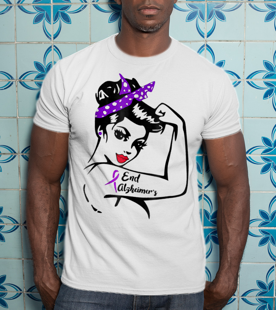 Strong Woman End Alzheimer's Awareness Purple Ribbon Rosie The Riveter T-Shirt