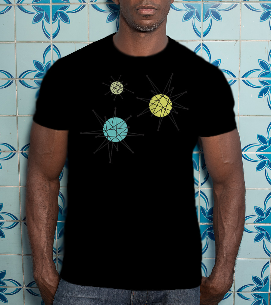 Vintage Franciscan Starburst Atomic Era Raglan Bas Colorful Celestial Orbs T-Shirt