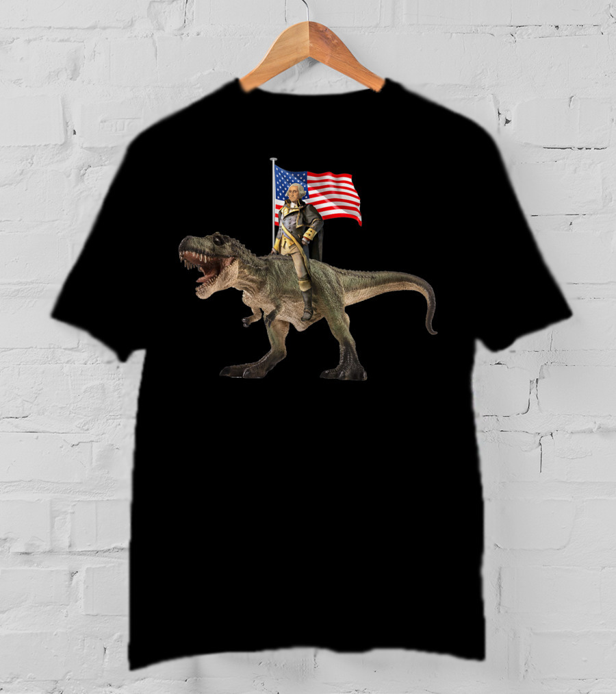 George Washington Riding T-Rex Dinosaur With American Flag T-Shirt