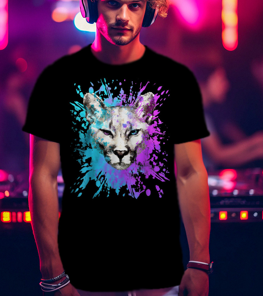 Watercolour Cougar Mountain Lion Artsy Splatter T-Shirt