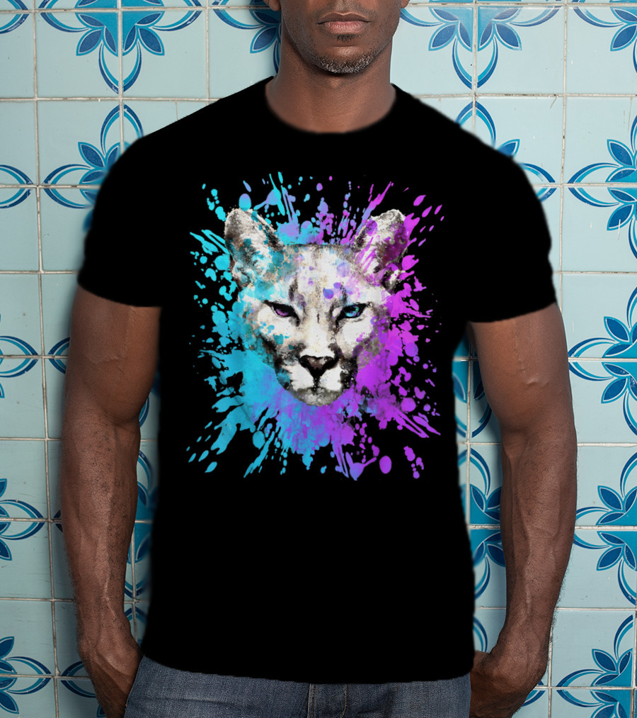 Watercolour Cougar Mountain Lion Artsy Splatter T-Shirt