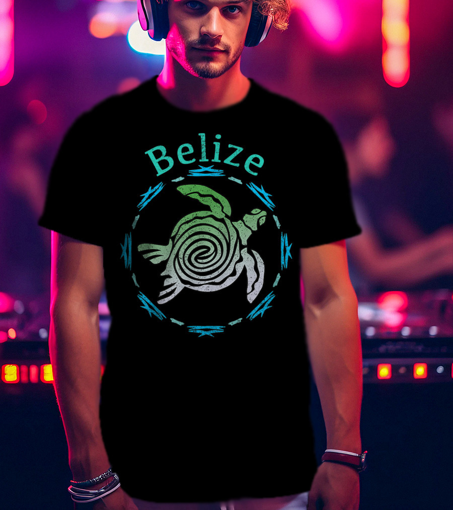 Belize Spiral Turtle With Blue Tribal Accents T-Shirt