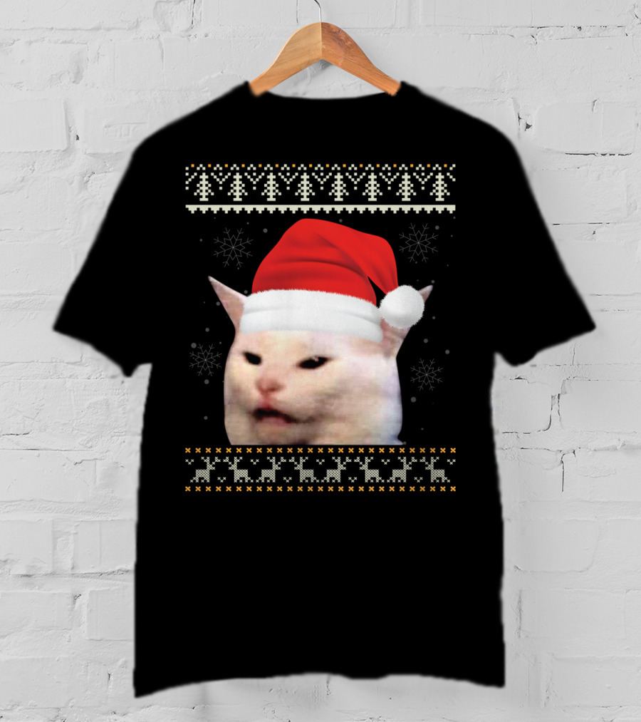 Confused Cat With Red Santa Hat And Christmas T-Shirt