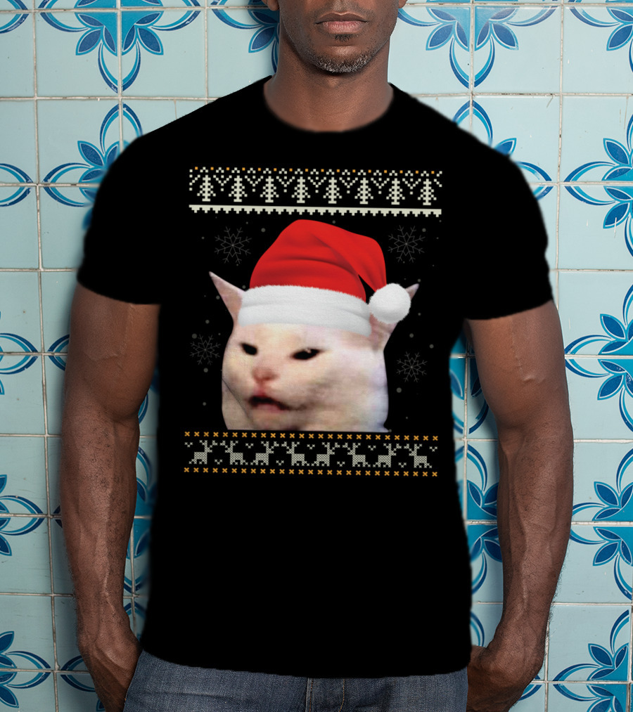 Confused Cat With Red Santa Hat And Christmas T-Shirt