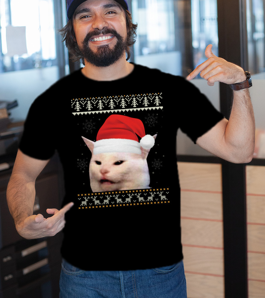 Confused Cat With Red Santa Hat And Christmas T-Shirt