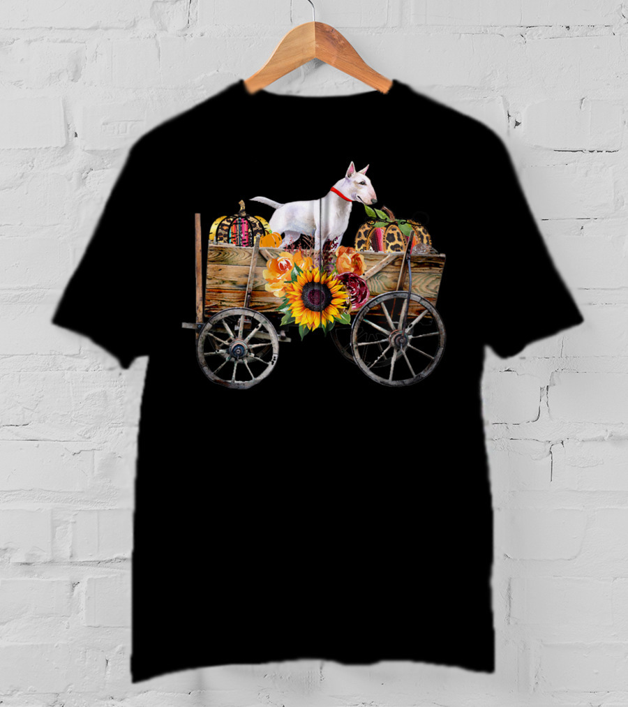 Bull Terrier Sunflower And Pumpkin Wagon In Country T-Shirt