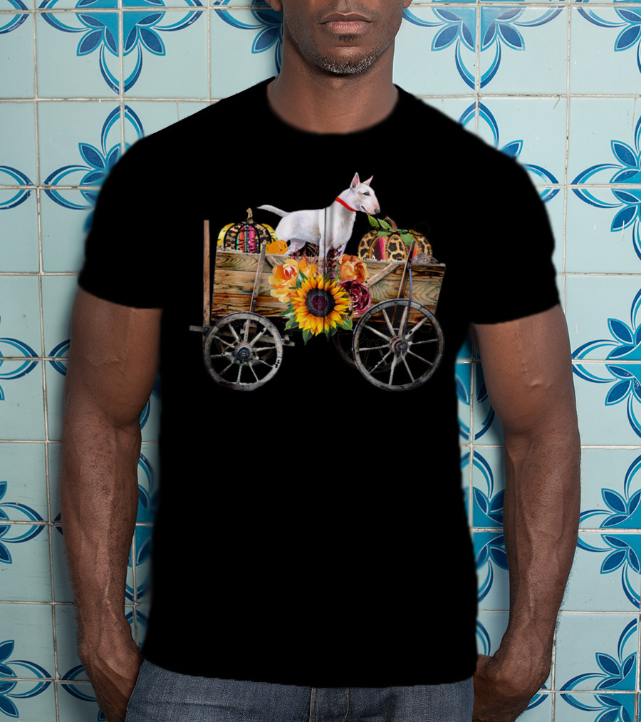 Bull Terrier Sunflower And Pumpkin Wagon In Country T-Shirt