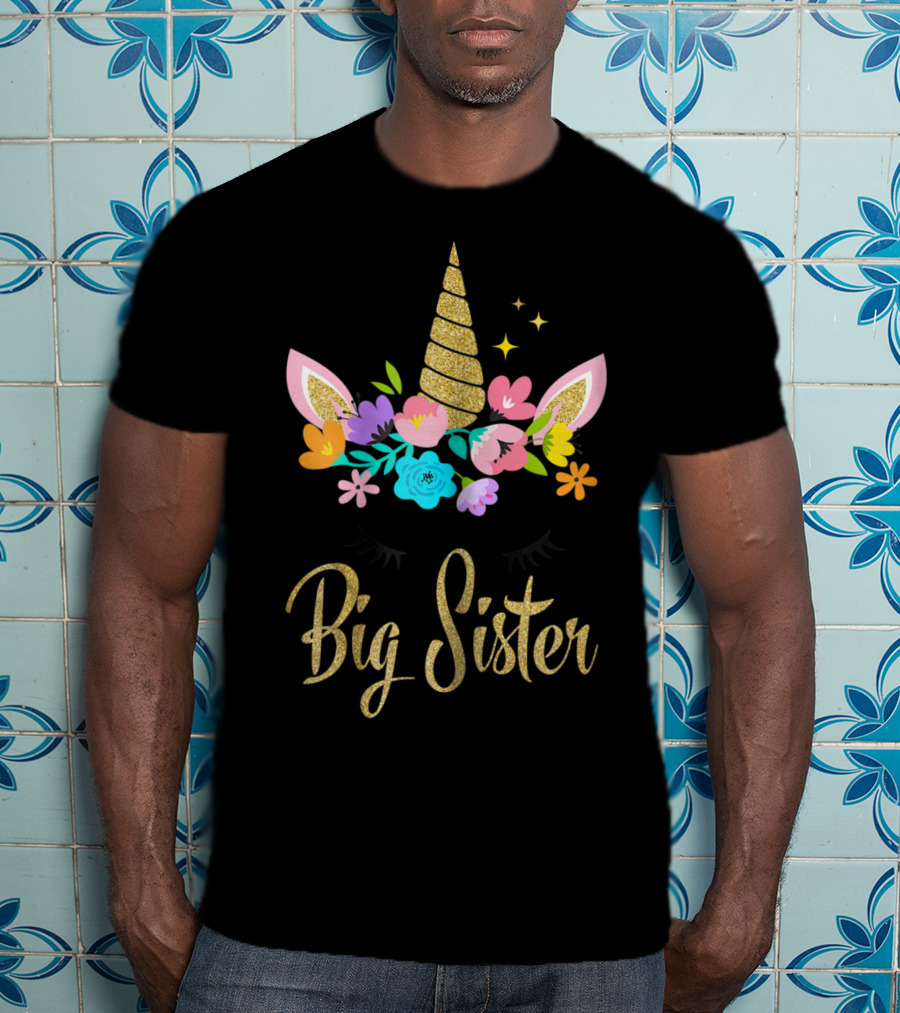 Big Sister Unicorn Floral Horn And Ears T-Shirt