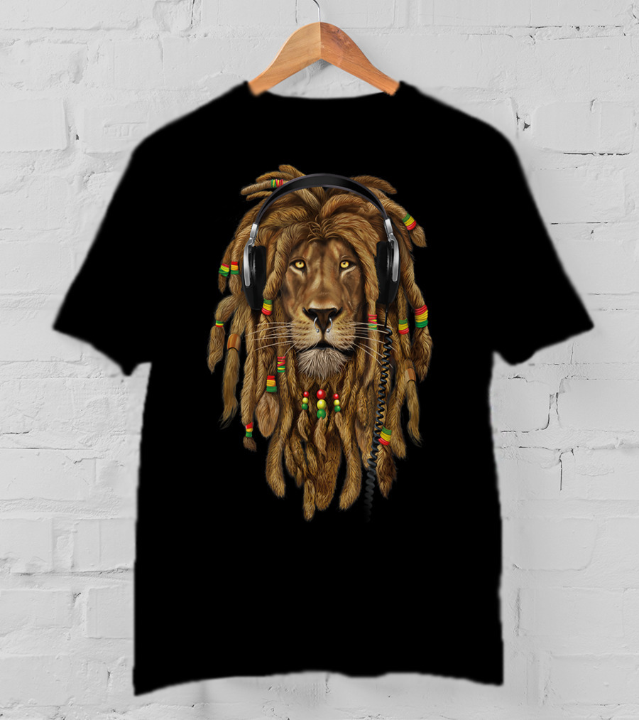 Marley Lion Dreadlock Rastafari Headphones Reggae T-Shirt