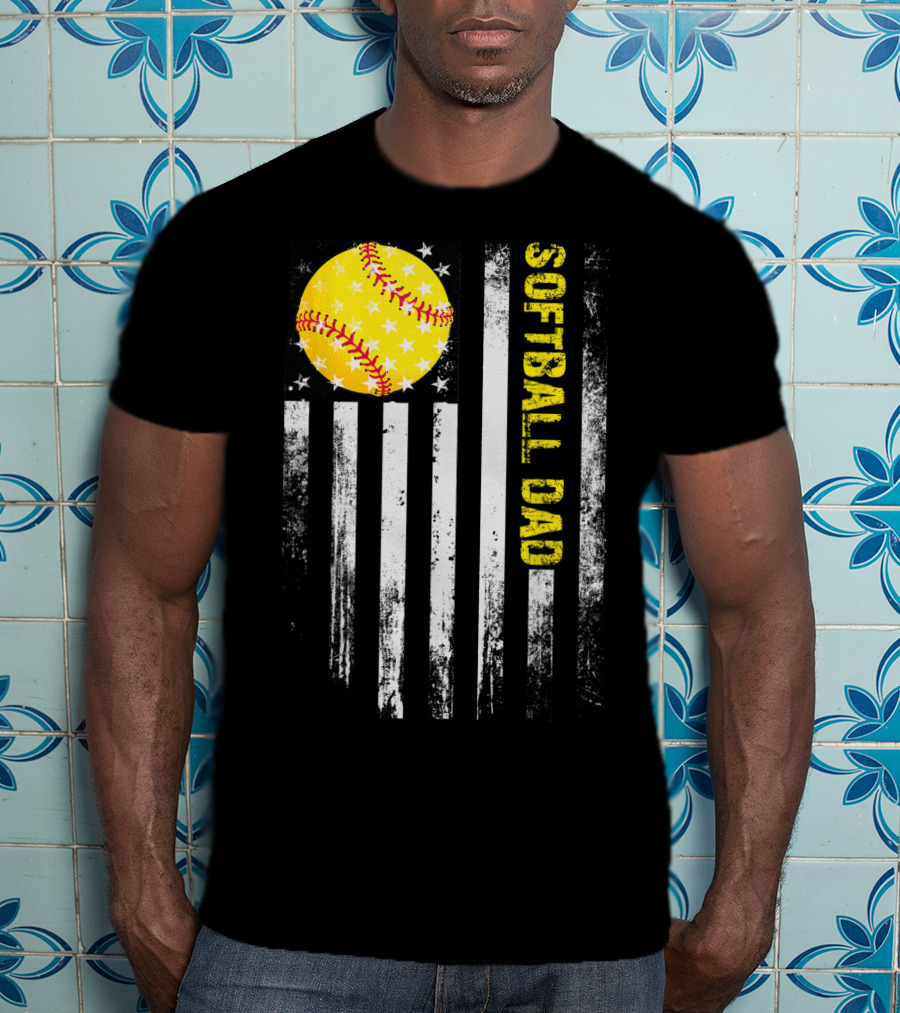 Softball Dad American Flag Father's Day T-Shirt
