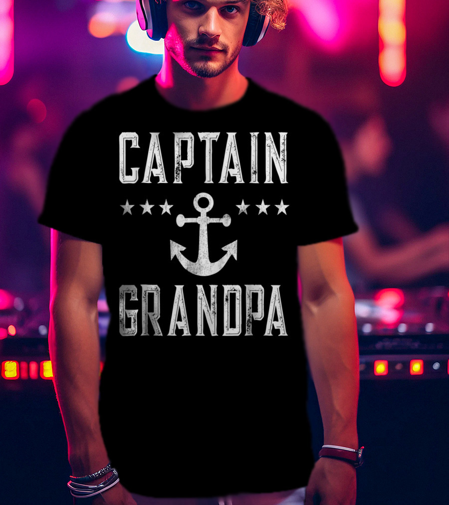 Captain Grandpa Anchor Stars Vintage Mens Boating T-Shirt