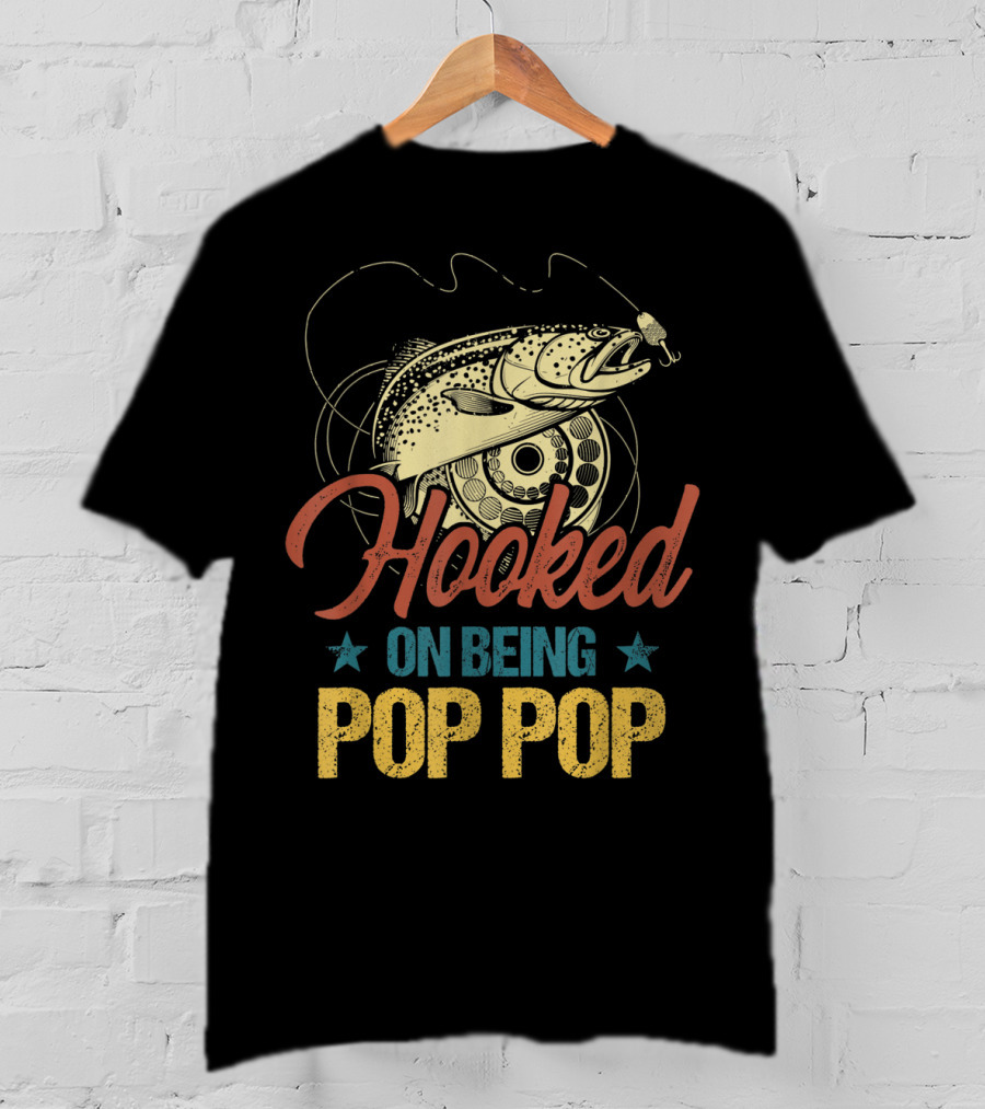 Hooked On Being Pop Pop Fishing Vintage Mens T-Shirt