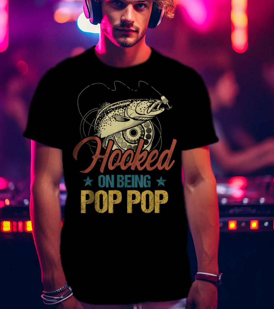 Hooked On Being Pop Pop Fishing Vintage Mens T-Shirt