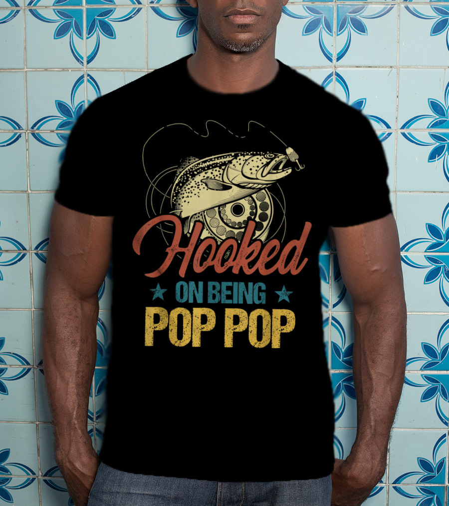 Hooked On Being Pop Pop Fishing Vintage Mens T-Shirt