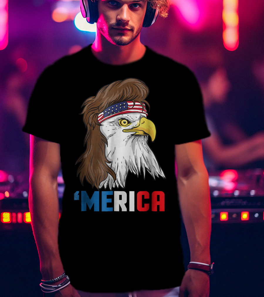 'Merica Patriotic Mullet Eagle With American Flag Headband T-Shirt