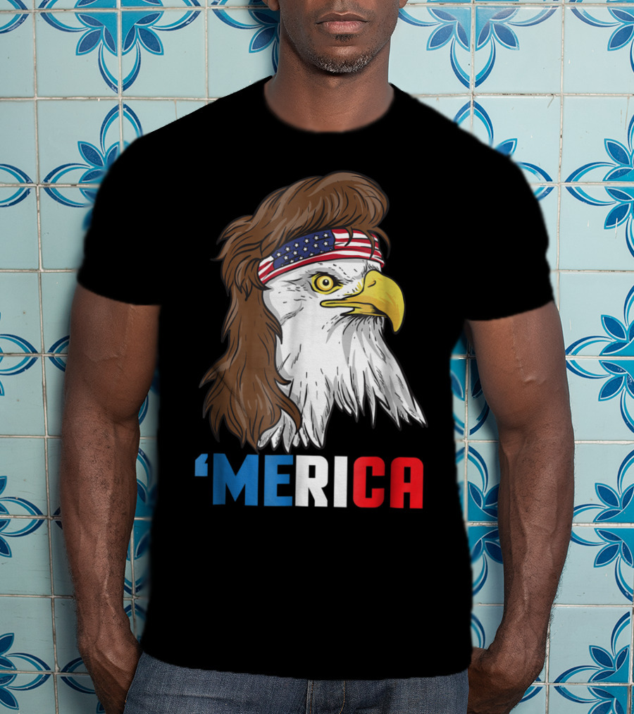 'Merica Patriotic Mullet Eagle With American Flag Headband T-Shirt