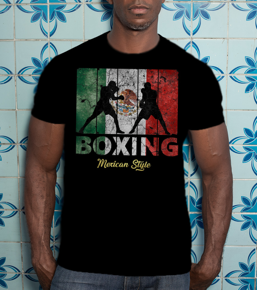 Mexican Vintage Style Boxing With Great Boxing Silhouettes And Flag Background T-Shirt
