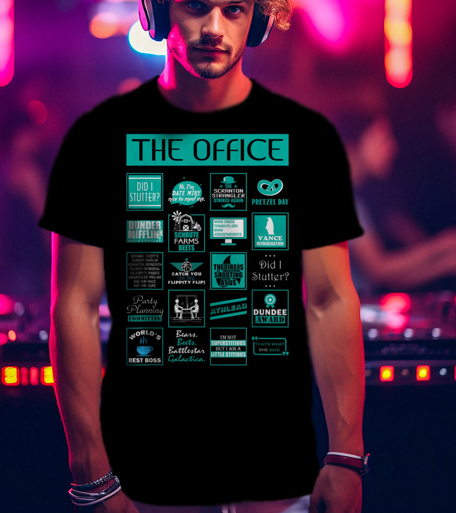 The Office Mash Up Dunder Mifflin Schrute Farms Bears Battlestar Galactica Dundee Award T-Shirt