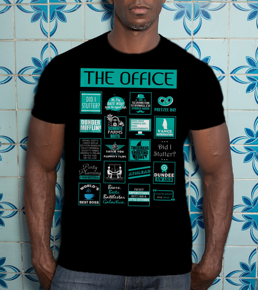The Office Mash Up Dunder Mifflin Schrute Farms Bears Battlestar Galactica Dundee Award T-Shirt