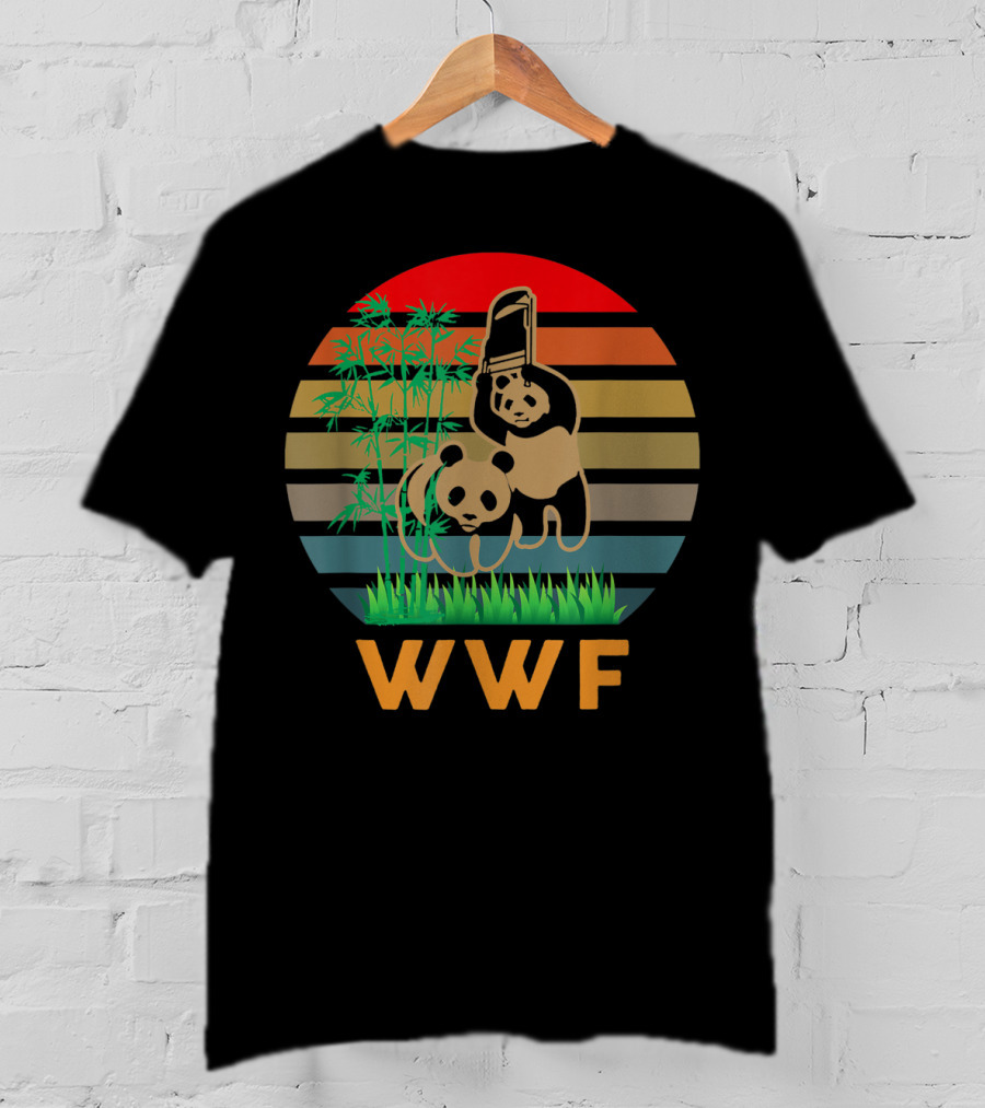WWF Panda Bears With Bamboo And Retro Stripes T-Shirt