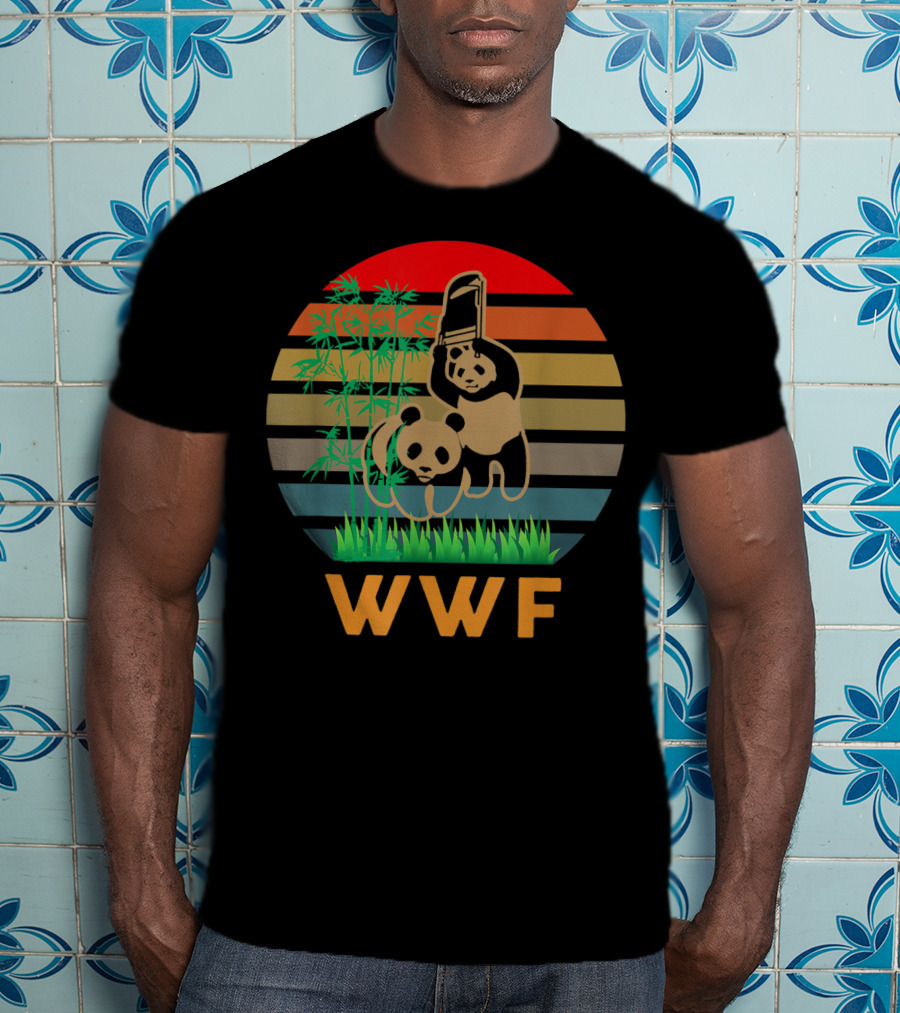 WWF Panda Bears With Bamboo And Retro Stripes T-Shirt