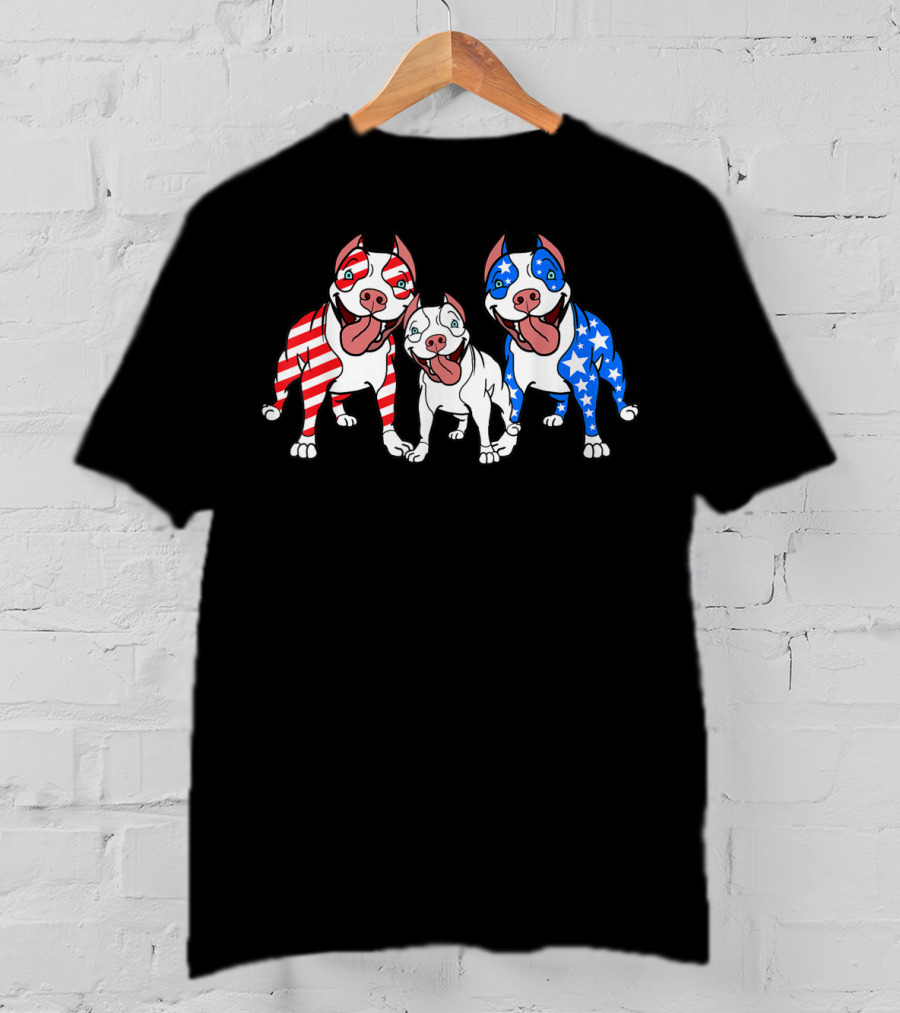 Pitbulls American Flag Red White Blue Patriotic T-Shirt